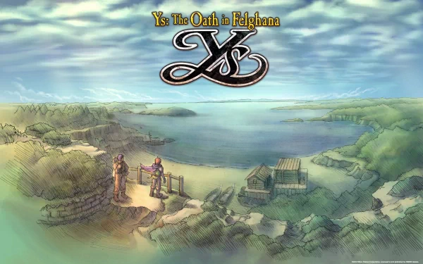 HD desktop wallpaper of Ys: The Oath in Felghana featuring the game's logo over an illustrated landscape with characters observing the sea.