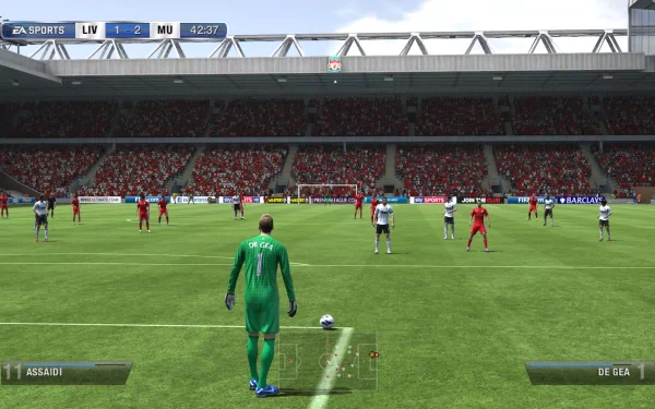 HD desktop wallpaper of a FIFA 13 football match between Liverpool and Manchester United, showcasing gameplay graphics.