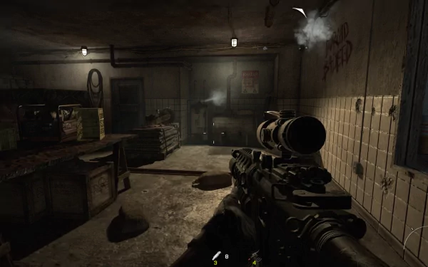 HD desktop wallpaper from Call of Duty: Modern Warfare 3 showcasing a first-person view inside a dimly lit in-game room with a sniper rifle.