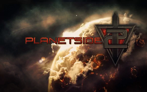 HD desktop wallpaper featuring the PlanetSide 2 logo set against a dramatic cosmic backdrop with fiery planets and nebulous clouds.