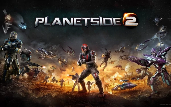 HD desktop wallpaper featuring a Planetside 2 battle scene with soldiers and futuristic vehicles ready for action.