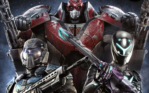 HD desktop wallpaper of Planetside 2 featuring armored characters with futuristic weapons against a cosmic backdrop.