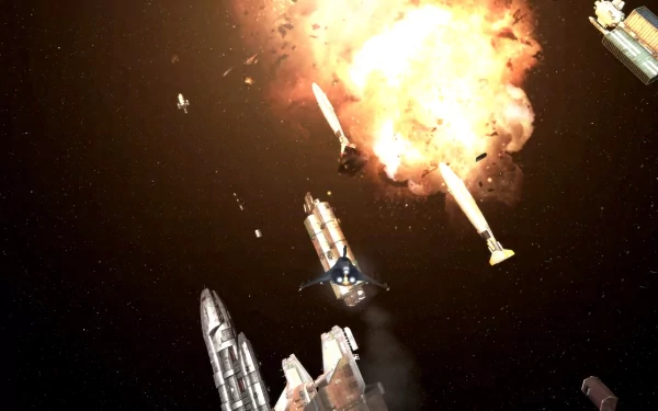 HD wallpaper of a dramatic space scene with spaceships and an explosion, symbolizing diaspora.