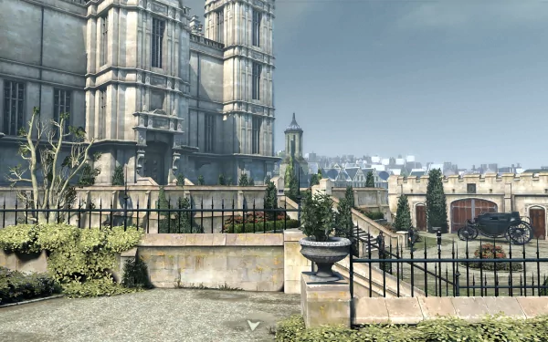HD Dishonored game wallpaper featuring a bright, sunny cityscape with historical architecture and lush greenery.