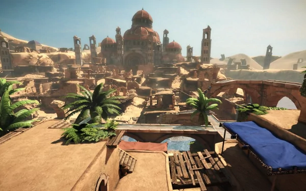 HD desktop wallpaper of a Chivalry: Medieval Warfare game scenery, featuring a sunlit ancient town with palm trees and architecture.