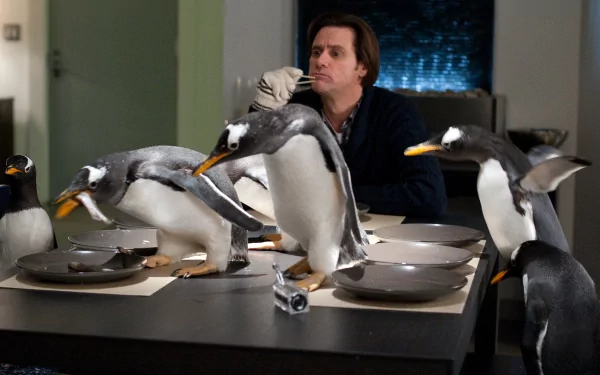 HD desktop wallpaper featuring Jim Carrey from the movie Mr. Popper's Penguins, surrounded by penguins gathered around a dining table.