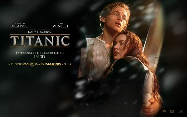 HD desktop wallpaper featuring Leonardo DiCaprio and Kate Winslet from the movie Titanic. The image includes text promoting the 3D re-release of the film, with release date details.