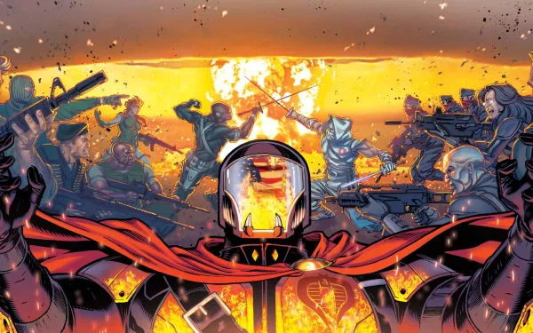 HD PC desktop wallpaper featuring Cobra Commander from G.I. Joe in a dynamic comic-style battle scene with intense action and fiery background.
