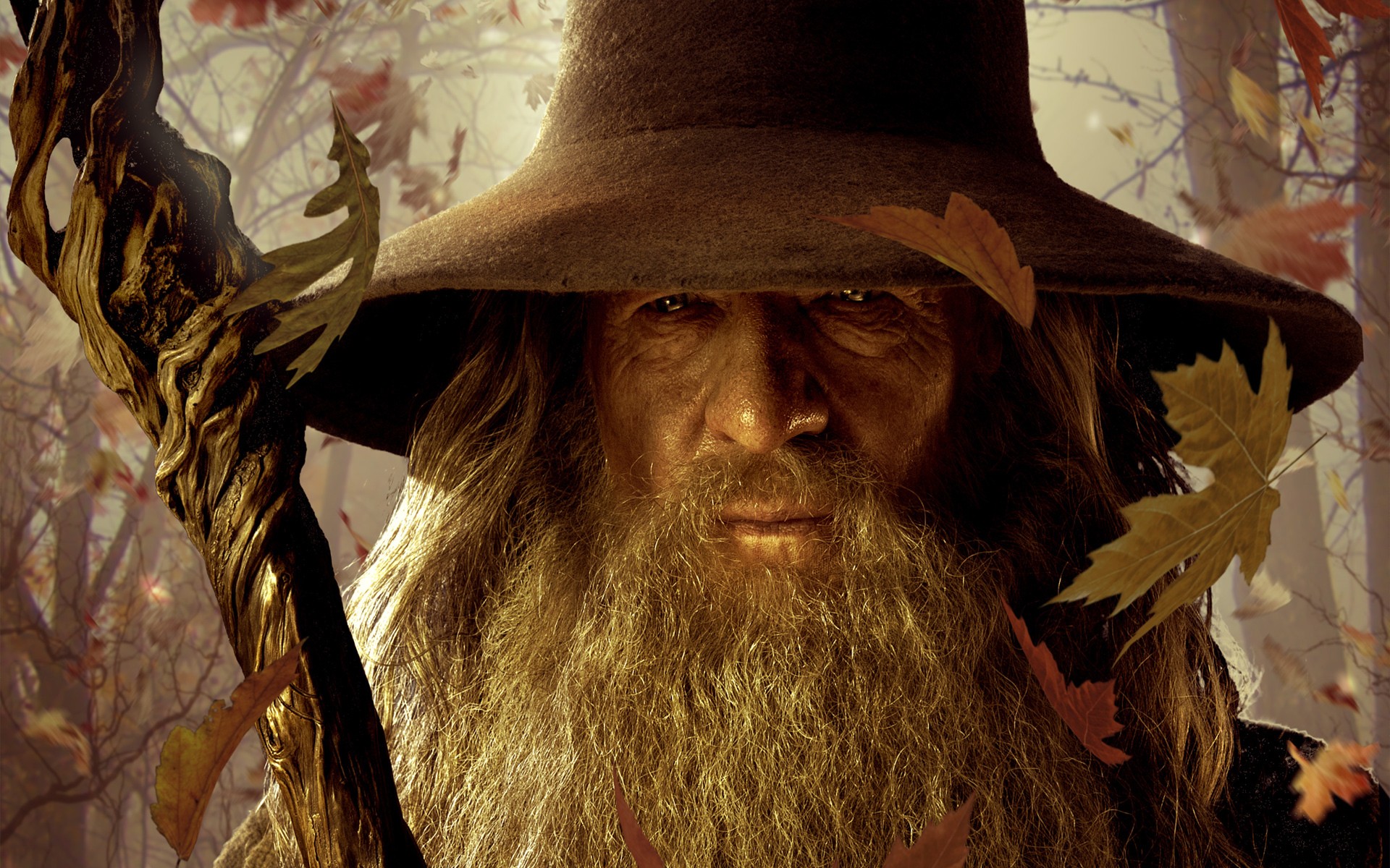 HD desktop wallpaper featuring Gandalf from The Lord of the Rings, surrounded by autumn leaves.