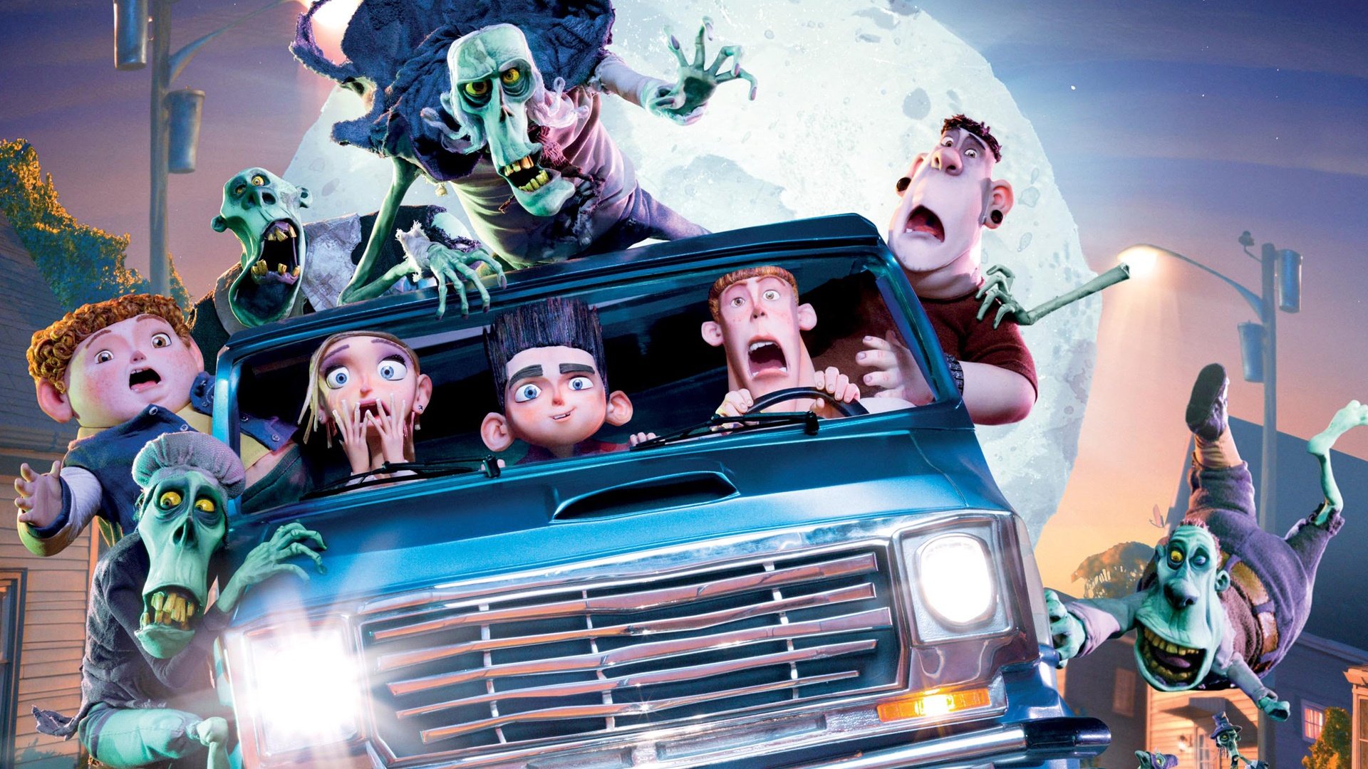 Paranorman movie HD PC desktop wallpaper and background: Norman and friends in a terrified van surrounded by green zombies beneath a full moon.
