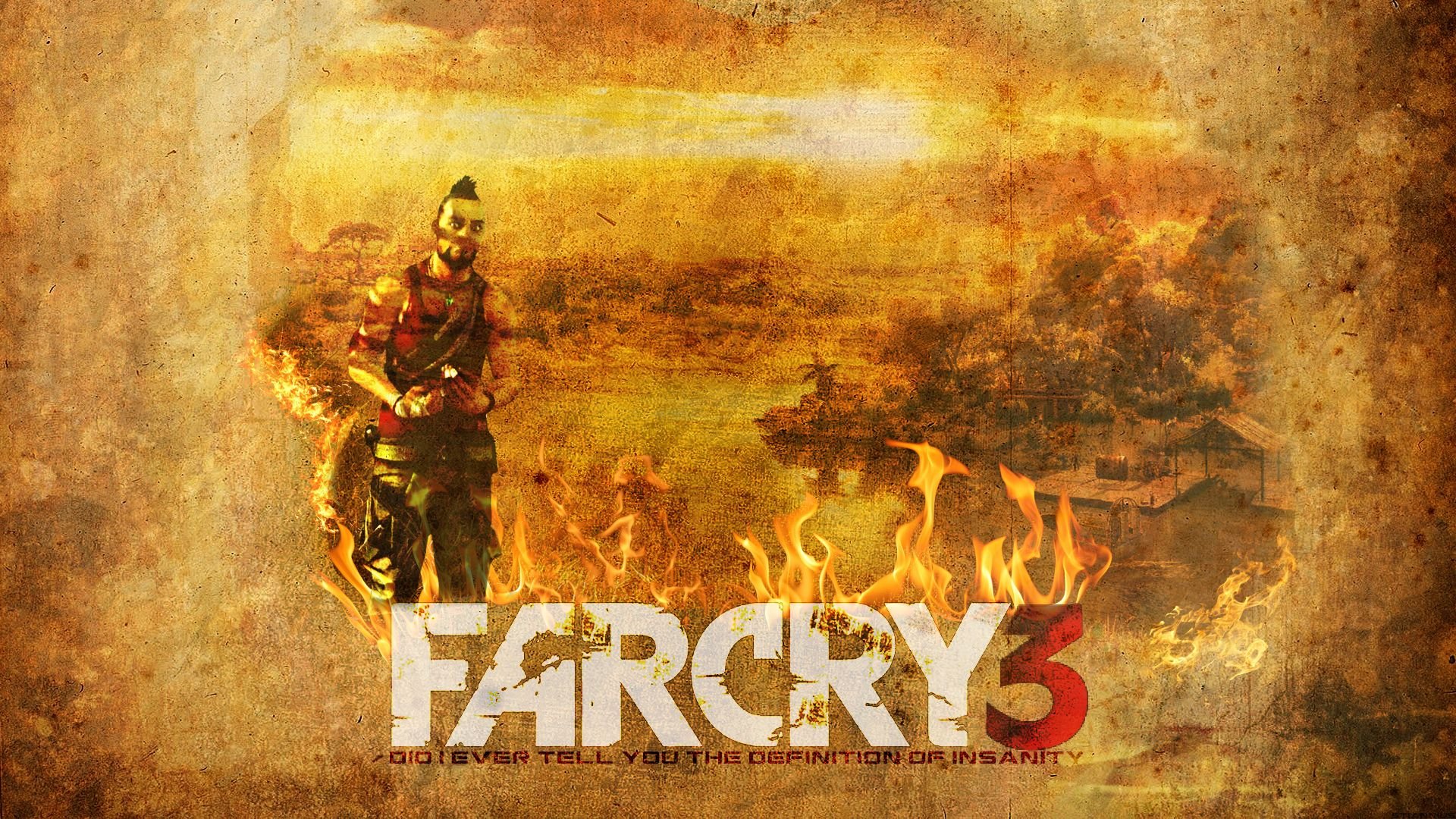 HD PC desktop wallpaper for the video game Far Cry 3: a mohawked character amid smoke and flames on a burning tropical island, with the bold FAR CRY 3 logo.