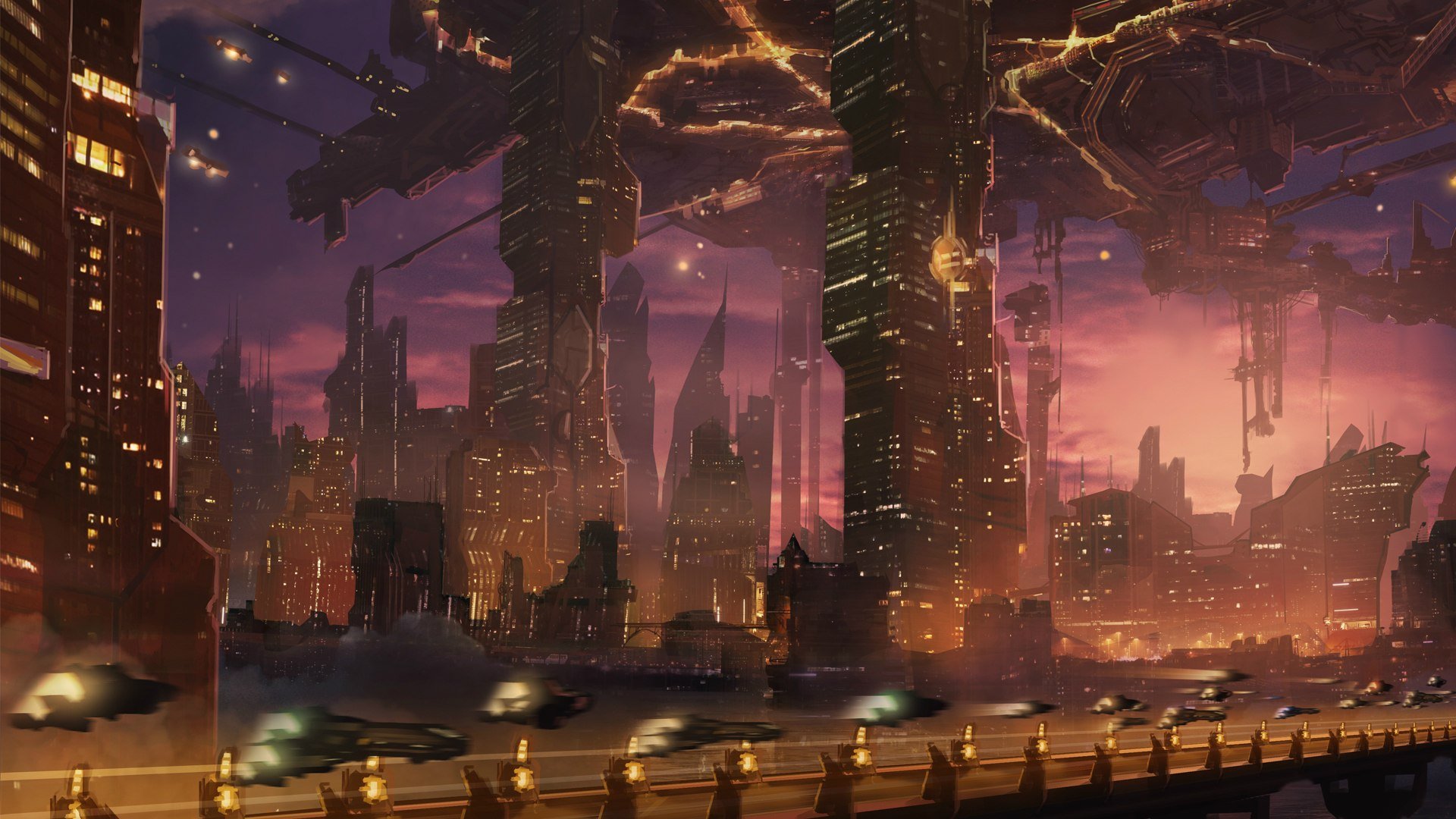A vibrant sci-fi cityscape at dusk, featuring towering skyscrapers and futuristic vehicles, illuminated by electrifying colors in the sky. A stunning HD wallpaper for any background.