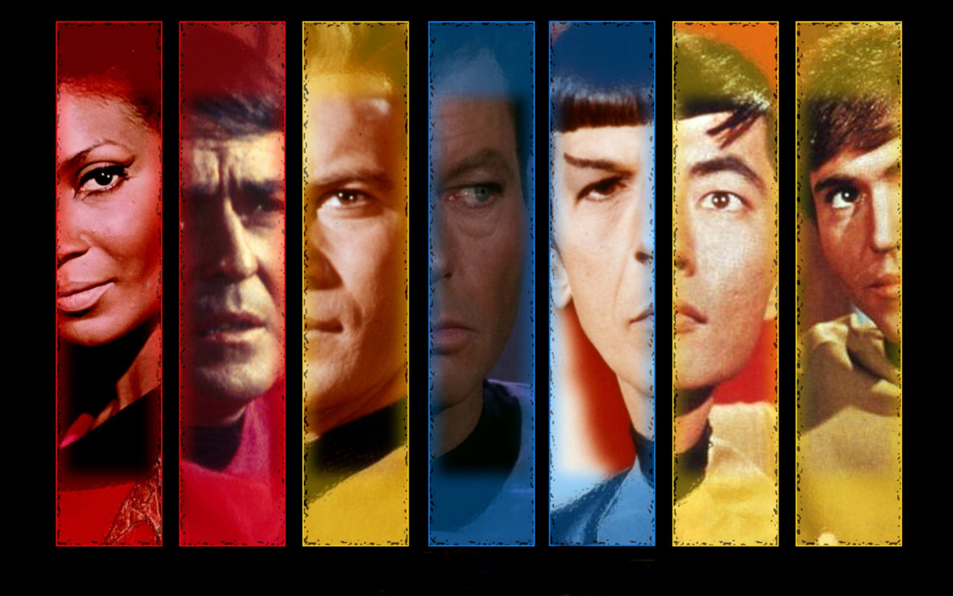 HD PC desktop wallpaper featuring close-up portraits of the main cast from Star Trek: The Original Series in distinct vertical color panels.