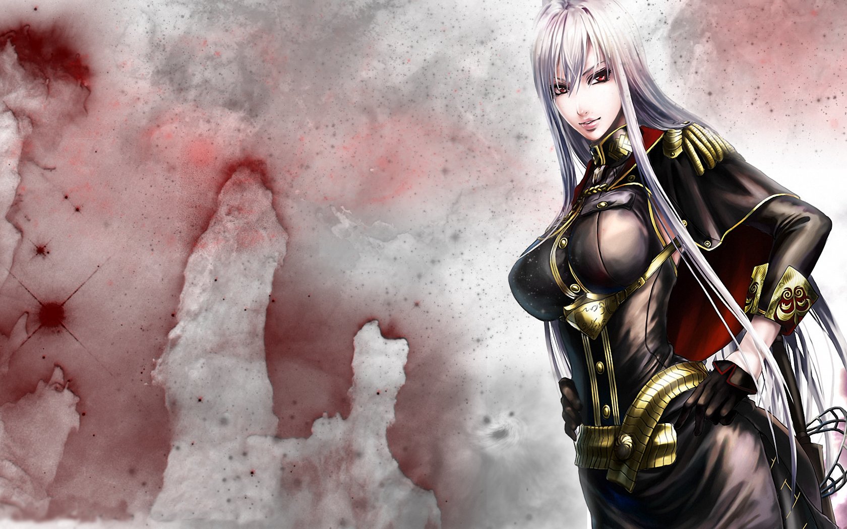 HD desktop wallpaper from Valkyria Chronicles featuring a character in a black military uniform against a watercolor-inspired red and white background.