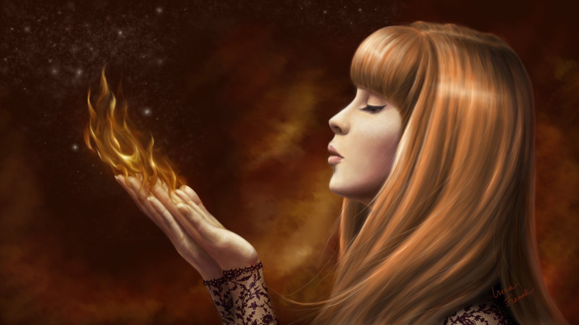 A fantasy-themed HD desktop wallpaper featuring a woman with flowing hair, gracefully holding flickering flames in her hand against a dark, mystical background.