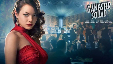 HD PC desktop wallpaper featuring Emma Stone in a red dress from the movie Gangster Squad, with a vintage nightclub scene and the film’s title in the background.