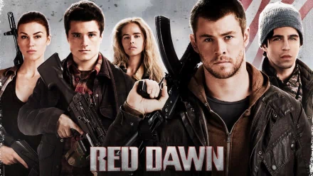 HD desktop wallpaper featuring the main cast of the 2012 movie Red Dawn, each character holding weapons against a dramatic background.