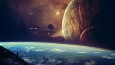 A stunning Sci-Fi planetscape HD wallpaper featuring multiple planets and moons, with a person standing in the foreground gazing at the celestial scenery.