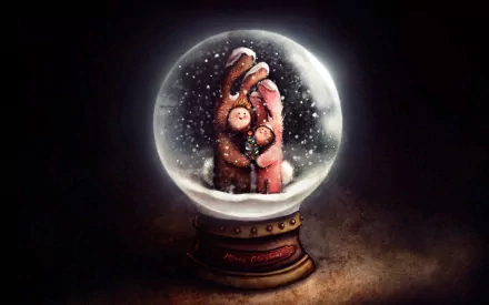 HD PC desktop wallpaper of a snow globe with Merry Christmas on the base, holding two hugging holiday figures amid falling snow, bathed in a warm, soft glow against a dark background.