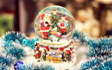 HD desktop wallpaper featuring a festive holiday Christmas snow globe with Santa figures surrounded by blue tinsel.