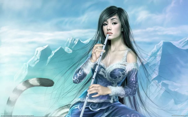 A woman in a flowing blue gown plays a flute against a serene fantasy backdrop of icy mountains, embodying a mystical atmosphere in this HD desktop wallpaper.