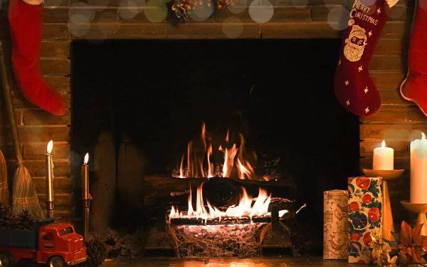 A cozy fireplace adorned with holiday stockings, flickering candles, and festive decorations, creating a warm Christmas atmosphere. This HD wallpaper brings holiday cheer to any desktop.