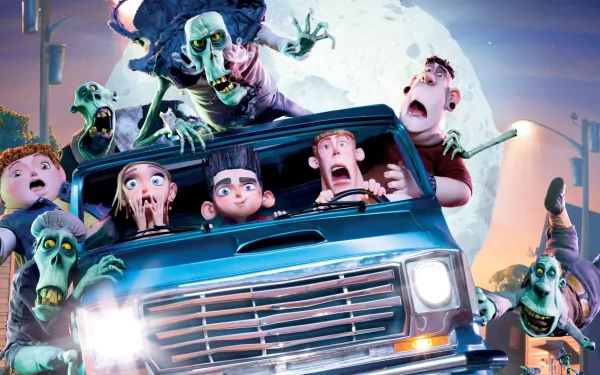 Paranorman movie HD PC desktop wallpaper and background: Norman and friends in a terrified van surrounded by green zombies beneath a full moon.