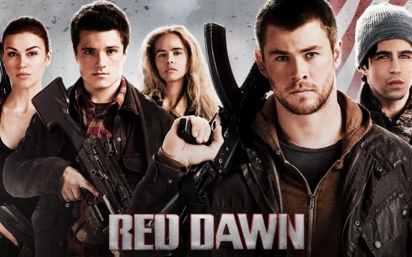 HD desktop wallpaper featuring the main cast of the 2012 movie Red Dawn, each character holding weapons against a dramatic background.