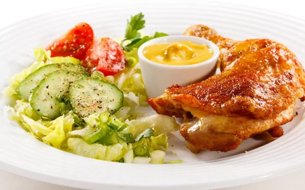 HD desktop wallpaper featuring a plated meal with roasted chicken, fresh salad of cucumbers and tomatoes, and a side of dipping sauce on a white plate.