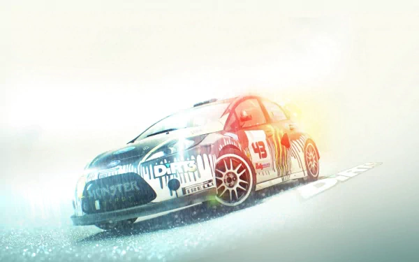 HD PC desktop wallpaper of a rally car speeding through snow, featuring dynamic lighting and branding from the video game DiRT 3.