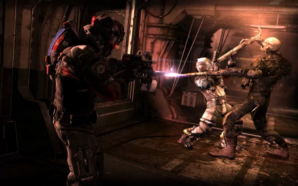 4K Ultra HD Dead Space 3 PC wallpaper showing a heavily armed character firing at two attacking enemies in a dark, industrial sci-fi setting.