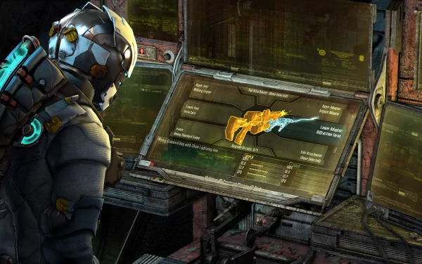 Dead Space 3 video game 4K Ultra HD PC desktop wallpaper: suited protagonist inspects a holographic weapon display at a grim, industrial console.
