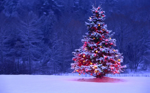 A festive Christmas tree adorned with colorful lights stands in a snowy landscape, with a forest in the background. This HD wallpaper captures the essence of the holiday season.