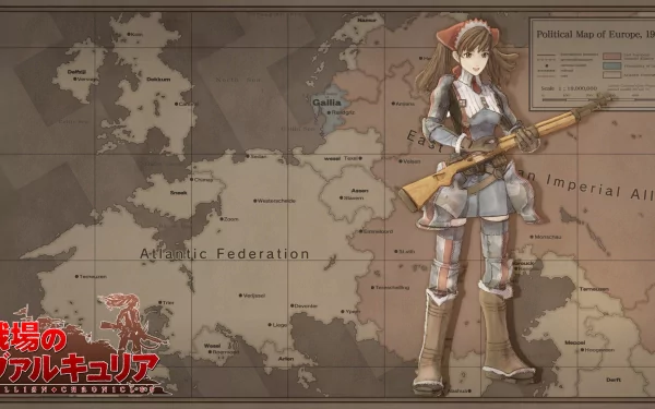 HD desktop wallpaper of Valkyria Chronicles featuring a character with a rifle against a map background.