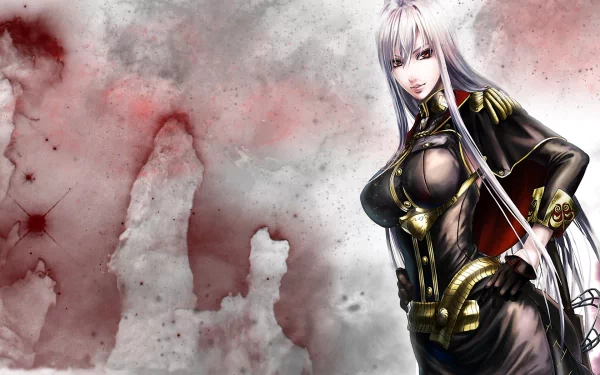 HD desktop wallpaper from Valkyria Chronicles featuring a character in a black military uniform against a watercolor-inspired red and white background.