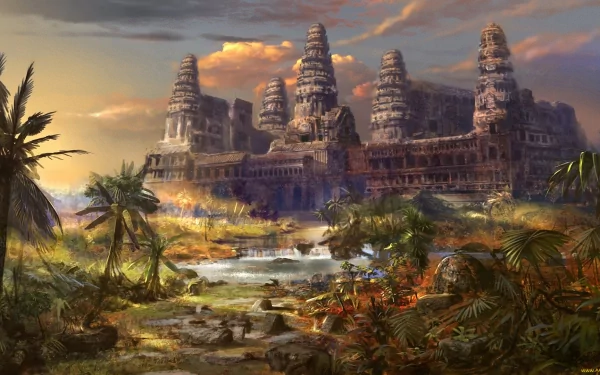 HD fantasy desktop wallpaper depicting ancient ruins surrounded by lush greenery, palm trees, and a flowing river under a dramatic sky at sunset.
