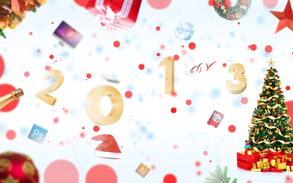 HD PC desktop wallpaper/background: holiday New Year 2013 scene with golden 2013 numerals, confetti, ornaments, wrapped gifts and a decorated Christmas tree on a snowy white background.