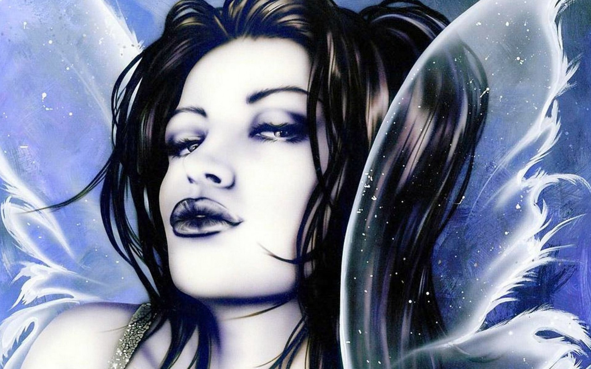 2K Quad HD PC desktop wallpaper of a fantasy fairy: close-up of a pale, dark-haired fairy with smoky eyes, luminous translucent wings, and an ethereal blue glow.