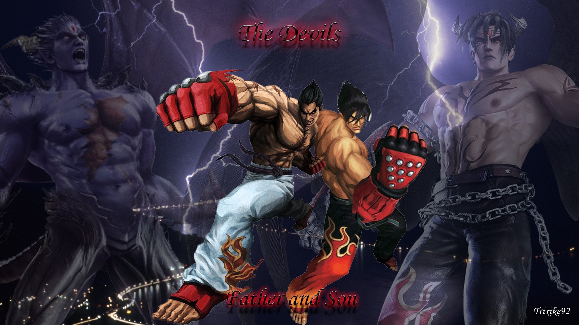 HD PC desktop wallpaper featuring intense Tekken characters The Devil, Kazuya, and his son in a dramatic lightning-lit scene from the video game.