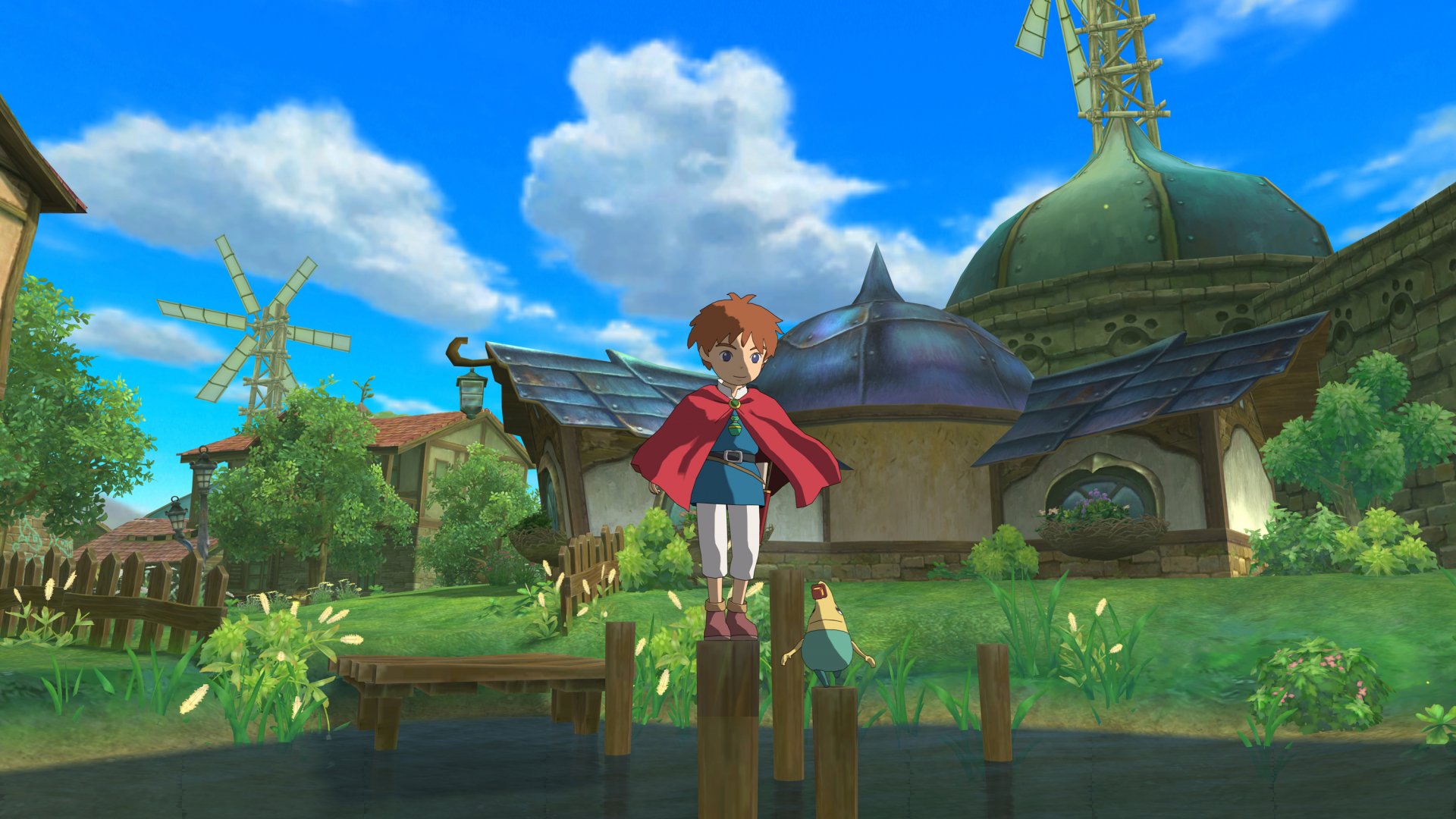 HD wallpaper of Ni No Kuni featuring the protagonist standing in a vibrant fantasy landscape with windmills and a dome structure.