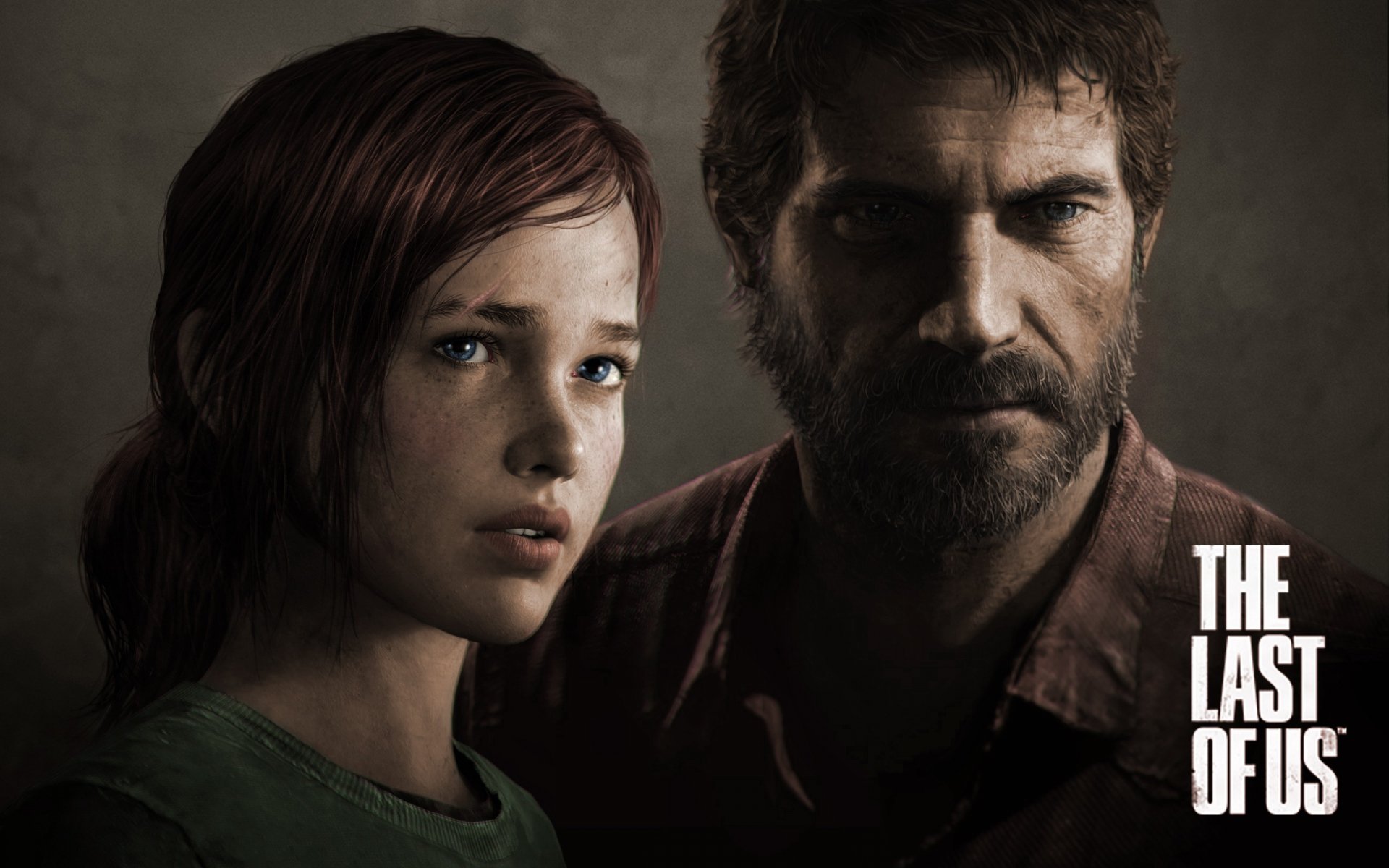 HD wallpaper featuring Ellie and Joel from The Last of Us, with a dark, ominous background and the game's logo.