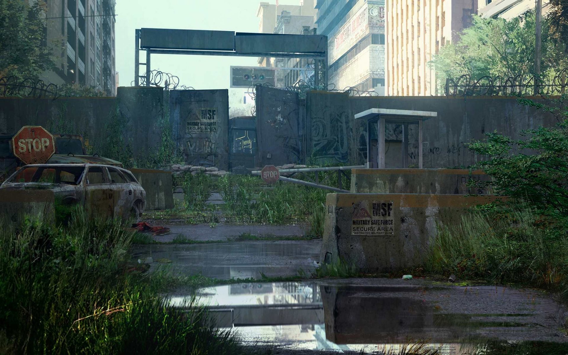 HD desktop wallpaper featuring an overgrown, post-apocalyptic scene from The Last of Us with abandoned cars and dilapidated buildings.