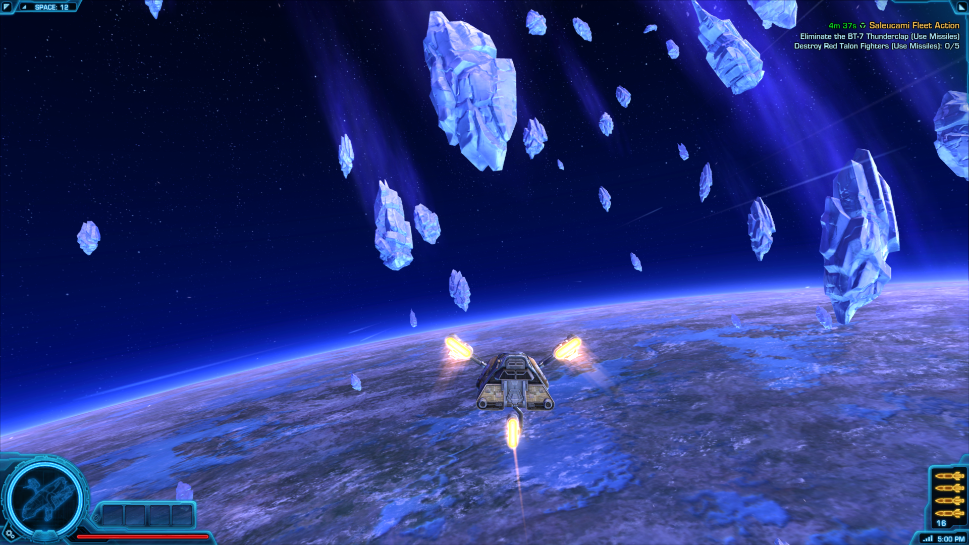 HD wallpaper from Star Wars: The Old Republic featuring a spaceship navigating through blue space crystals against a planetary backdrop.