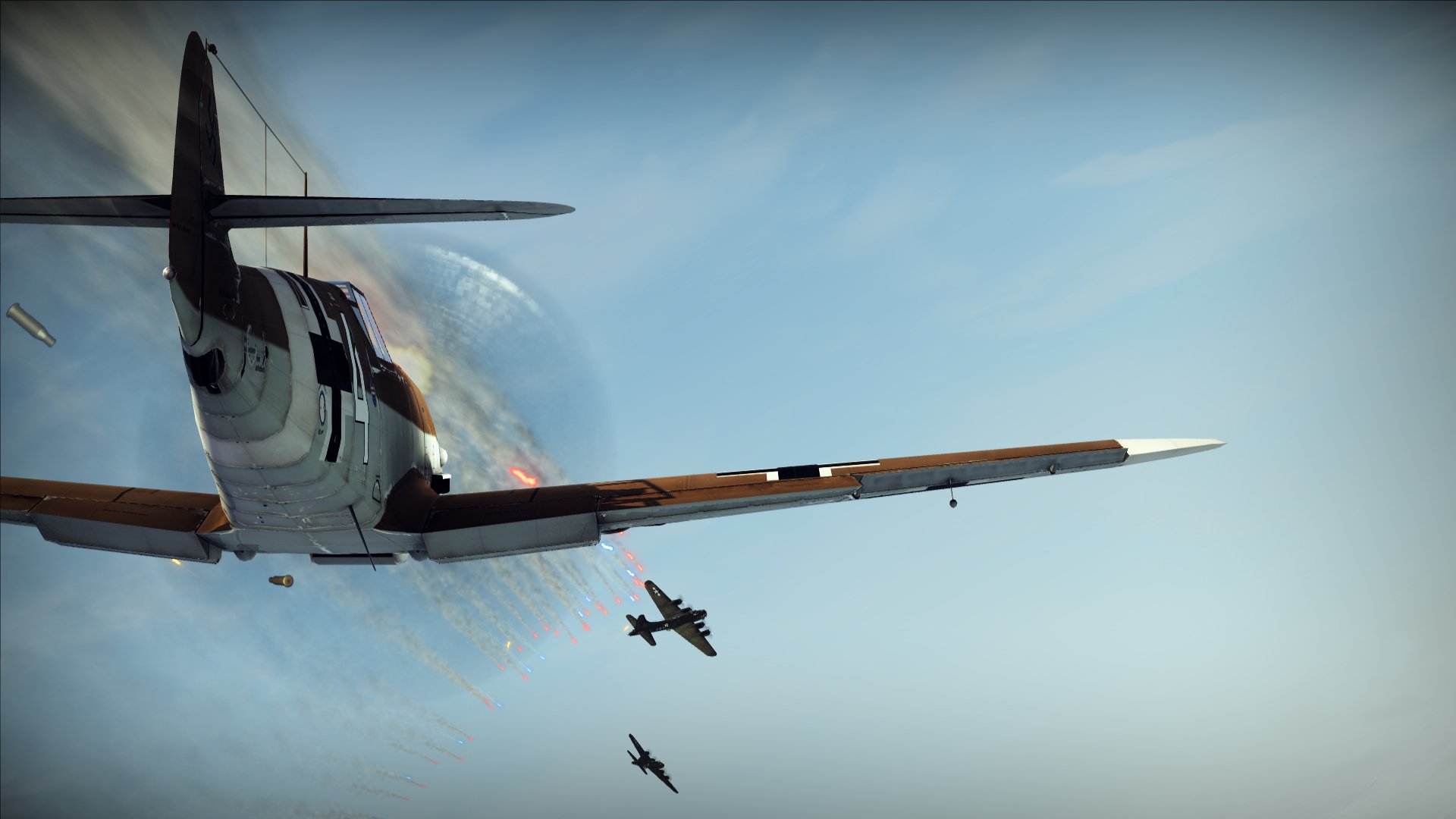 HD desktop wallpaper featuring aircraft from Wings of Prey in aerial combat against a clear sky backdrop.