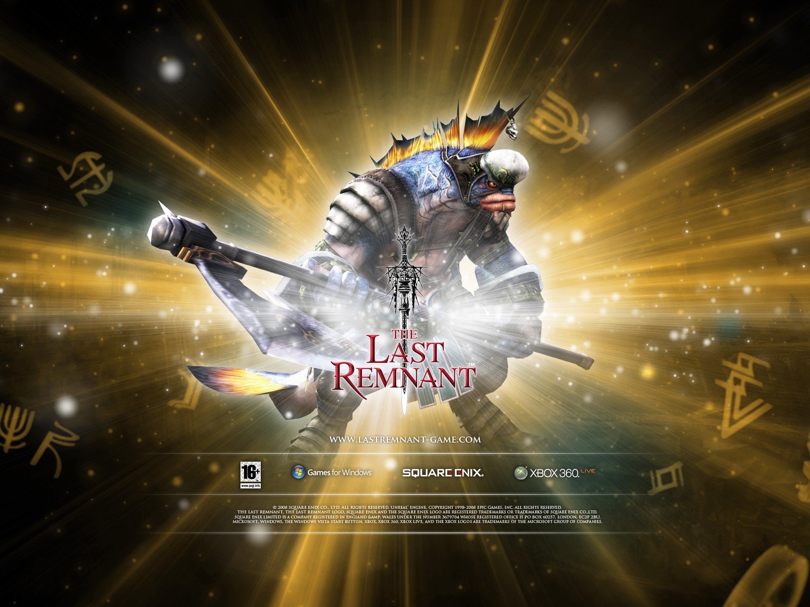 HD desktop wallpaper featuring a character from The Last Remnant with a sword amid glowing runes and a title logo.