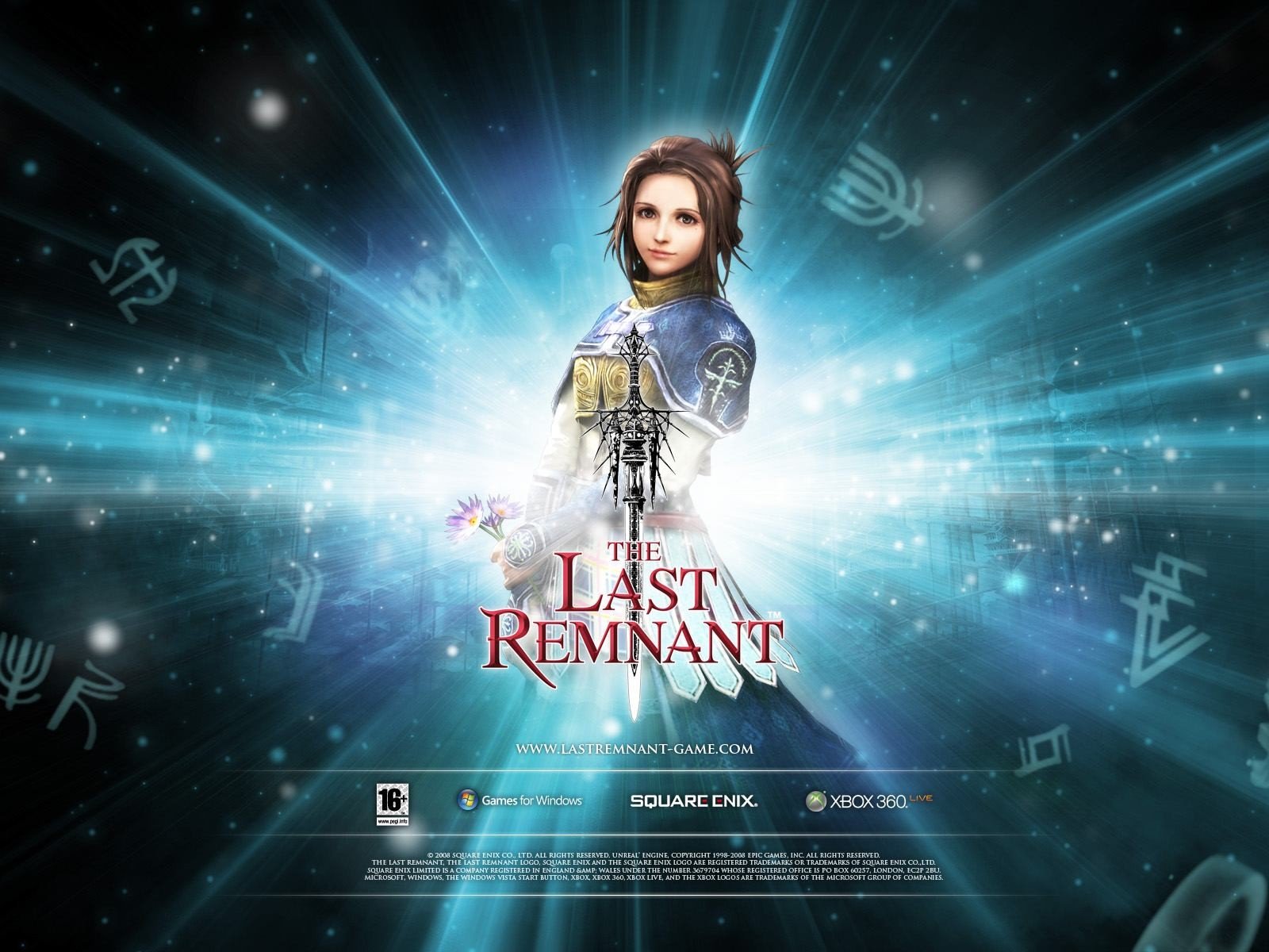 HD desktop wallpaper for The Last Remnant featuring a central character with radiant blue light effects in the background.