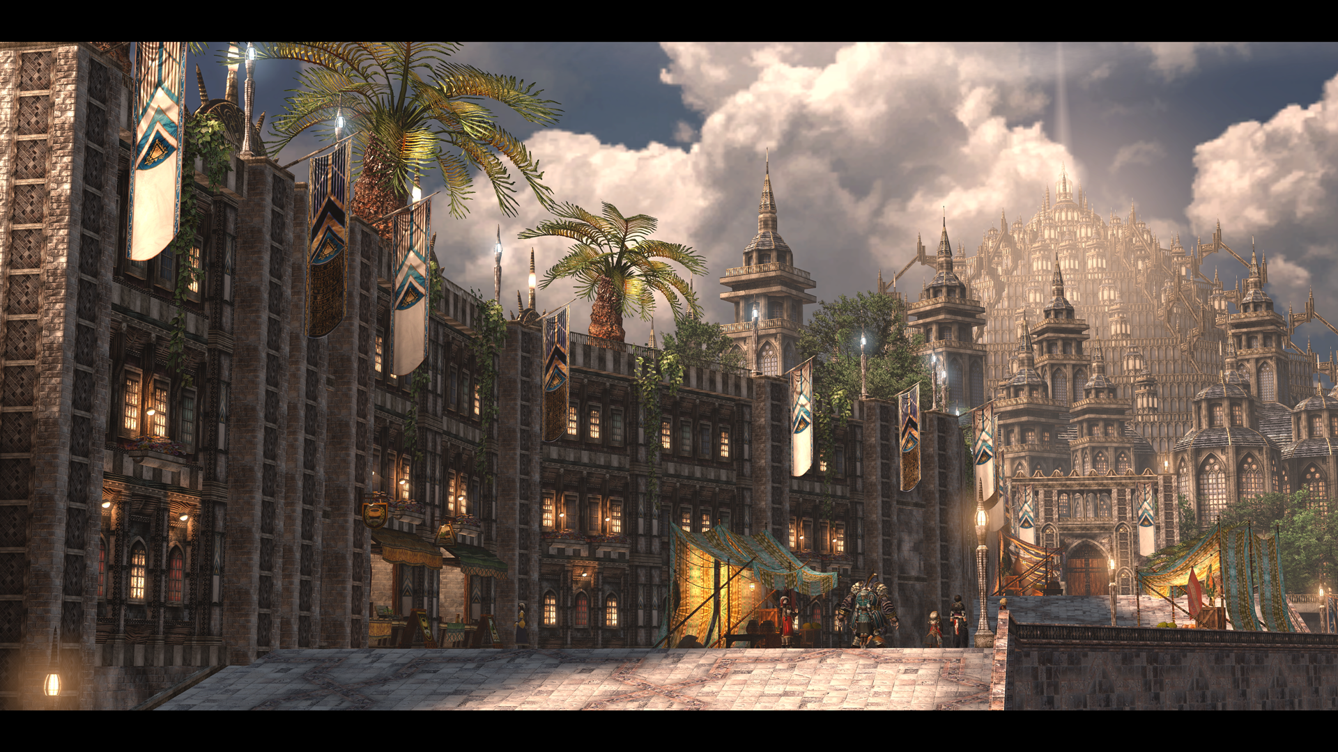 HD desktop wallpaper of a 'The Last Remnant' game scene featuring an intricate fantasy cityscape with towering structures and banners.