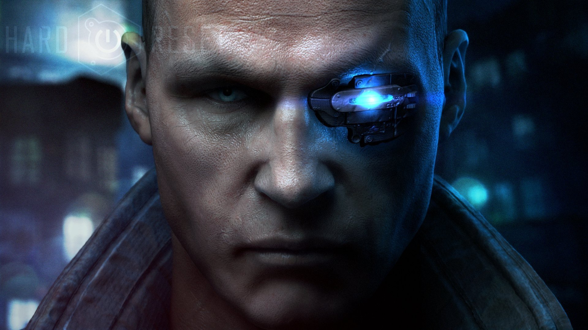 HD desktop wallpaper featuring a person with a cybernetic eye implant, conveying a 'hard reset' theme.