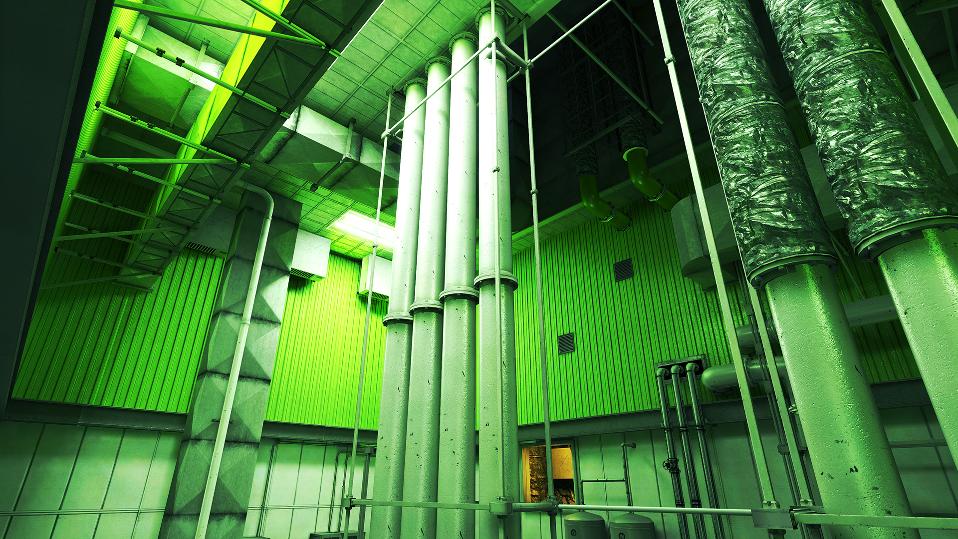 HD wallpaper featuring the distinct green-tinted architectural environment from the game Mirror's Edge.