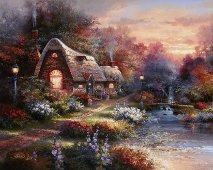 Artistic painting of a charming cottage by a serene river at sunset, featuring vibrant flowers and glowing lampposts, designed as an HD PC desktop wallpaper and background.